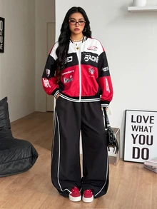 Coolane Women's & Men's Plus Size Fall Winter Streetwear Going Out Back To School Black Red Color-Blocked Letter Pattern Print Baseball Jackets - Red - View 2