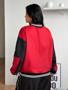 Coolane Women's & Men's Plus Size Fall Winter Streetwear Going Out Back To School Black Red Color-Blocked Letter Pattern Print Baseball Jackets - Red - View 5