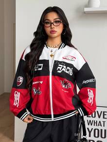 Coolane Women's & Men's Plus Size Fall Winter Streetwear Going Out Back To School Black Red Color-Blocked Letter Pattern Print Baseball Jackets - Red - View 4