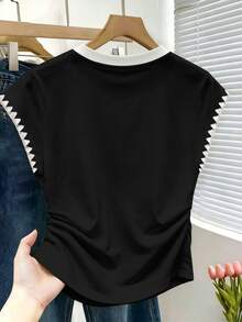 Resyla 女款圓領花卉刺繡休閒上衣 - 黑色 - 查看 2