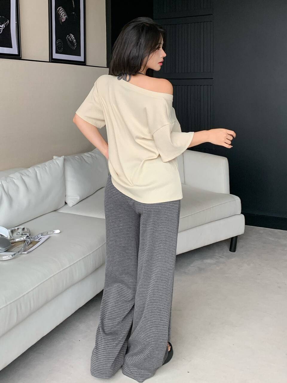 Women's 3-Piece Casual Lounge Set With Gray Striped Camisole, Beige T-Shirt Cover-Up And Straight Leg Pants, Loose Fit, Summer