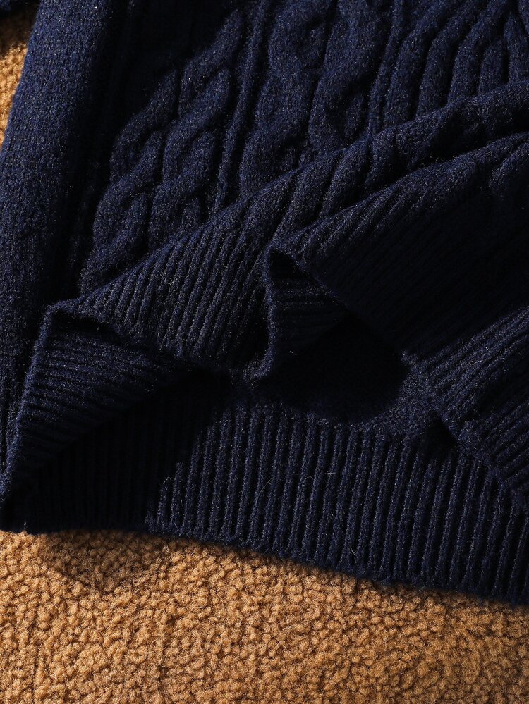 Girls' Casual French Vintage Cute Chunky Knit Turn Collar Pullover Sweater, Winter Solid Color Cable Knit Texture Sweater Top, Autumn/Winter New Fashion Round Neck Long Sleeve Top - Navy Blue - View 4