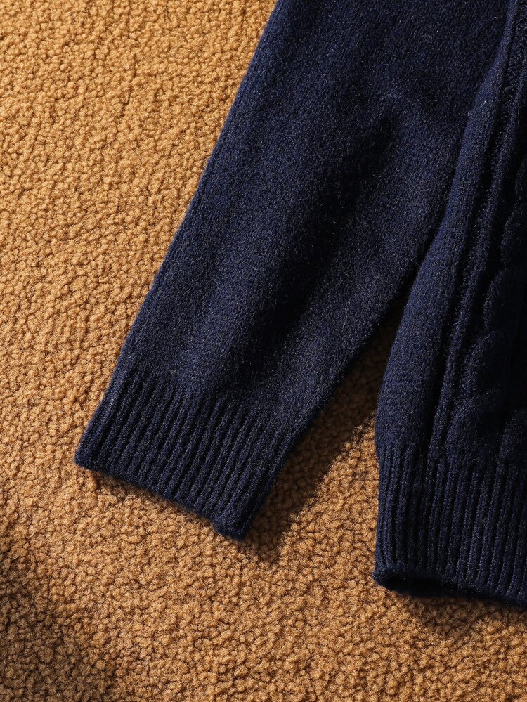 Girls' Casual French Vintage Cute Chunky Knit Turn Collar Pullover Sweater, Winter Solid Color Cable Knit Texture Sweater Top, Autumn/Winter New Fashion Round Neck Long Sleeve Top - Navy Blue - View 5