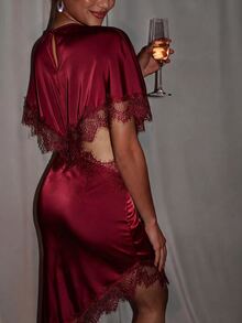 SHEIN SXY Silk Lace Patchwork Asymmetric Sexy Hollow Out Dress - Burgundy - View 2