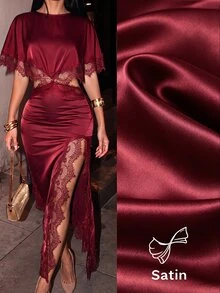 SHEIN SXY Silk Lace Patchwork Asymmetric Sexy Hollow Out Dress - Burgundy - View 1