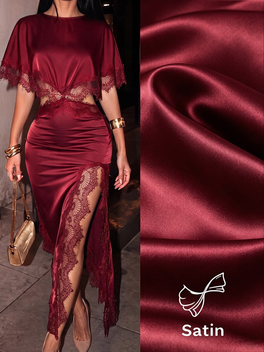 SHEIN SXY Silk Lace Patchwork Asymmetric Sexy Hollow Out Dress - Burgundy - View 1