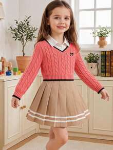 SHEIN Tween Girl Vintage Embroidered Cable Knit Fashion Long Sleeve Sweater - Pink - View 7