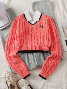 SHEIN Tween Girl Vintage Embroidered Cable Knit Fashion Long Sleeve Sweater - Pink - View 1