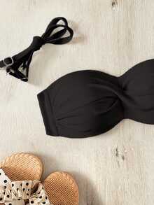 Swim Basics 女士纯色抹胸比基尼上衣，适合春夏海滩、游泳和度假穿着 - 黑色 - 查看 4