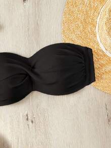 Swim Basics 女士纯色抹胸比基尼上衣，适合春夏海滩、游泳和度假穿着 - 黑色 - 查看 5