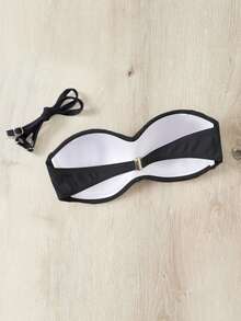 Swim Basics 女士纯色抹胸比基尼上衣，适合春夏海滩、游泳和度假穿着 - 黑色 - 查看 3