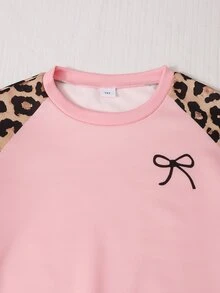 SHEIN Sparklyn Teen Girls Fall Outfits Fall Pink Leopard Print Colorblock Raglan Sleeve Crew Neck Sweatshirt & Side Stripe Wide Leg Sweatpants 2-Piece Set - Multicolor - View 4