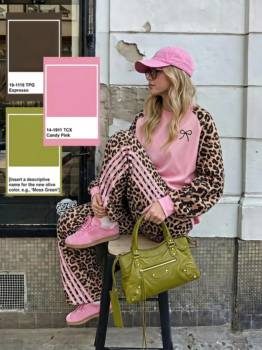SHEIN Sparklyn Teen Girls Fall Outfits Fall Pink Leopard Print Colorblock Raglan Sleeve Crew Neck Sweatshirt & Side Stripe Wide Leg Sweatpants 2-Piece Set - Multicolor - View 1