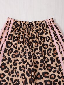 SHEIN Sparklyn Teen Girls Fall Outfits Fall Pink Leopard Print Colorblock Raglan Sleeve Crew Neck Sweatshirt & Side Stripe Wide Leg Sweatpants 2-Piece Set - Multicolor - View 6