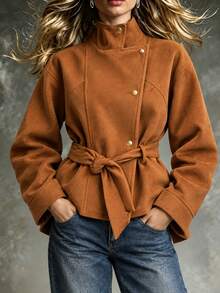 Elenzga Women's Solid Color Casual Versatile Daily Wear Overcoat - Brown - View 1