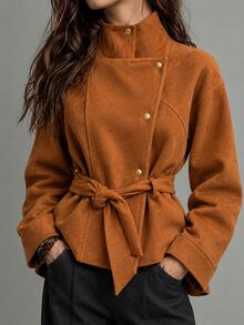 Elenzga Women's Solid Color Casual Versatile Daily Wear Overcoat - Brown - View 7