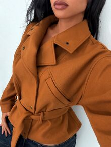 Elenzga Women's Solid Color Casual Versatile Daily Wear Overcoat - Brown - View 3