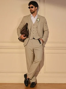 SIGLOCORE Men 1pc Lapel Neck Blazer & 1pc Single Breasted Waistcoat & 1pc Suit Pants - Apricot - View 12