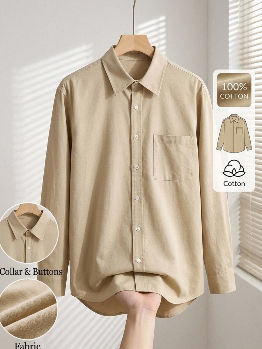 Manfinity CityGents Old Money Men's Cotton Casual Versatile Solid Color Long Sleeve Formal Shirt Office Work Tan Winter - Grey - View 1