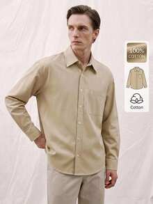 Manfinity CityGents Old Money Men's Cotton Casual Versatile Solid Color Long Sleeve Formal Shirt Office Work Tan Winter - Grey - View 2
