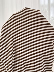 SHEIN Maternity Round Neck Striped Long Sleeve Top And Adjustable Waist Pants Casual Daily 2 Pieces Set Fall - Brown - View 4