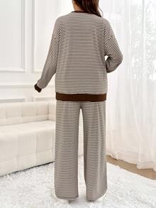 SHEIN Maternity Round Neck Striped Long Sleeve Top And Adjustable Waist Pants Casual Daily 2 Pieces Set Fall - Brown - View 7