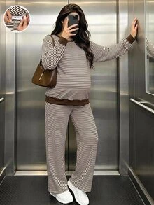 SHEIN Maternity Round Neck Striped Long Sleeve Top And Adjustable Waist Pants Casual Daily 2 Pieces Set Fall - Brown - View 2