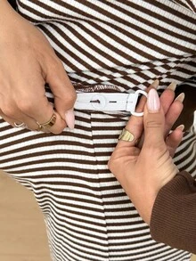 SHEIN Maternity Round Neck Striped Long Sleeve Top And Adjustable Waist Pants Casual Daily 2 Pieces Set Fall - Brown - View 5