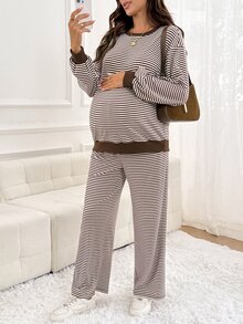 SHEIN Maternity Round Neck Striped Long Sleeve Top And Adjustable Waist Pants Casual Daily 2 Pieces Set Fall - Brown - View 3
