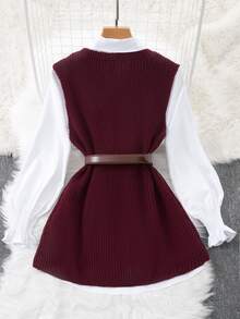 INAWLY 2pcs Set Women Spring Lantern Sleeve White Blouse & Loose Drape Open Front Sweater Vest, Layering Outfit Fall Winter Cloth For Women - Burgundy - View 2