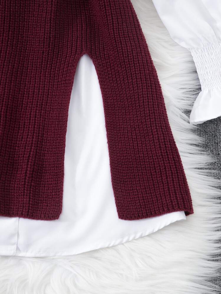 INAWLY 2pcs Set Women Spring Lantern Sleeve White Blouse & Loose Drape Open Front Sweater Vest, Layering Outfit Fall Winter Cloth For Women - Burgundy - View 6