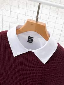 INAWLY 2pcs Set Women Spring Lantern Sleeve White Blouse & Loose Drape Open Front Sweater Vest, Layering Outfit Fall Winter Cloth For Women - Burgundy - View 7