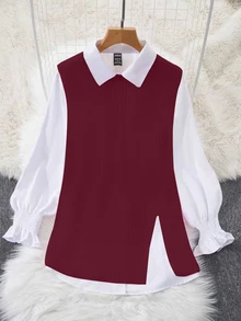 INAWLY 2pcs Set Women Spring Lantern Sleeve White Blouse & Loose Drape Open Front Sweater Vest, Layering Outfit Fall Winter Cloth For Women - Burgundy - View 3