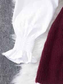INAWLY 2pcs Set Women Spring Lantern Sleeve White Blouse & Loose Drape Open Front Sweater Vest, Layering Outfit Fall Winter Cloth For Women - Burgundy - View 5