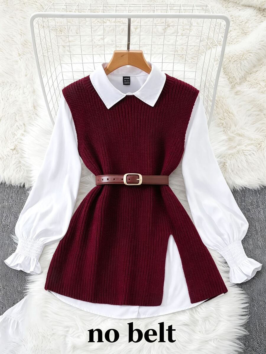 INAWLY 2pcs Set Women Spring Lantern Sleeve White Blouse & Loose Drape Open Front Sweater Vest, Layering Outfit Fall Winter Cloth For Women - Burgundy - View 1