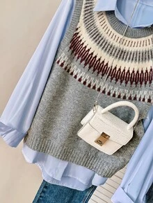 Modelyn Plus Size Women's Round Neck Colorblock Casual Daily Knit Top - Multicolor - View 7