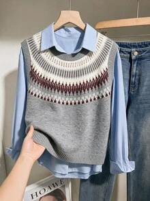 Modelyn Plus Size Women's Round Neck Colorblock Casual Daily Knit Top - Multicolor - View 2