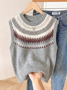 Modelyn Plus Size Women's Round Neck Colorblock Casual Daily Knit Top - Multicolor - View 5
