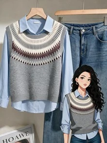 Modelyn Plus Size Women's Round Neck Colorblock Casual Daily Knit Top - Multicolor - View 1