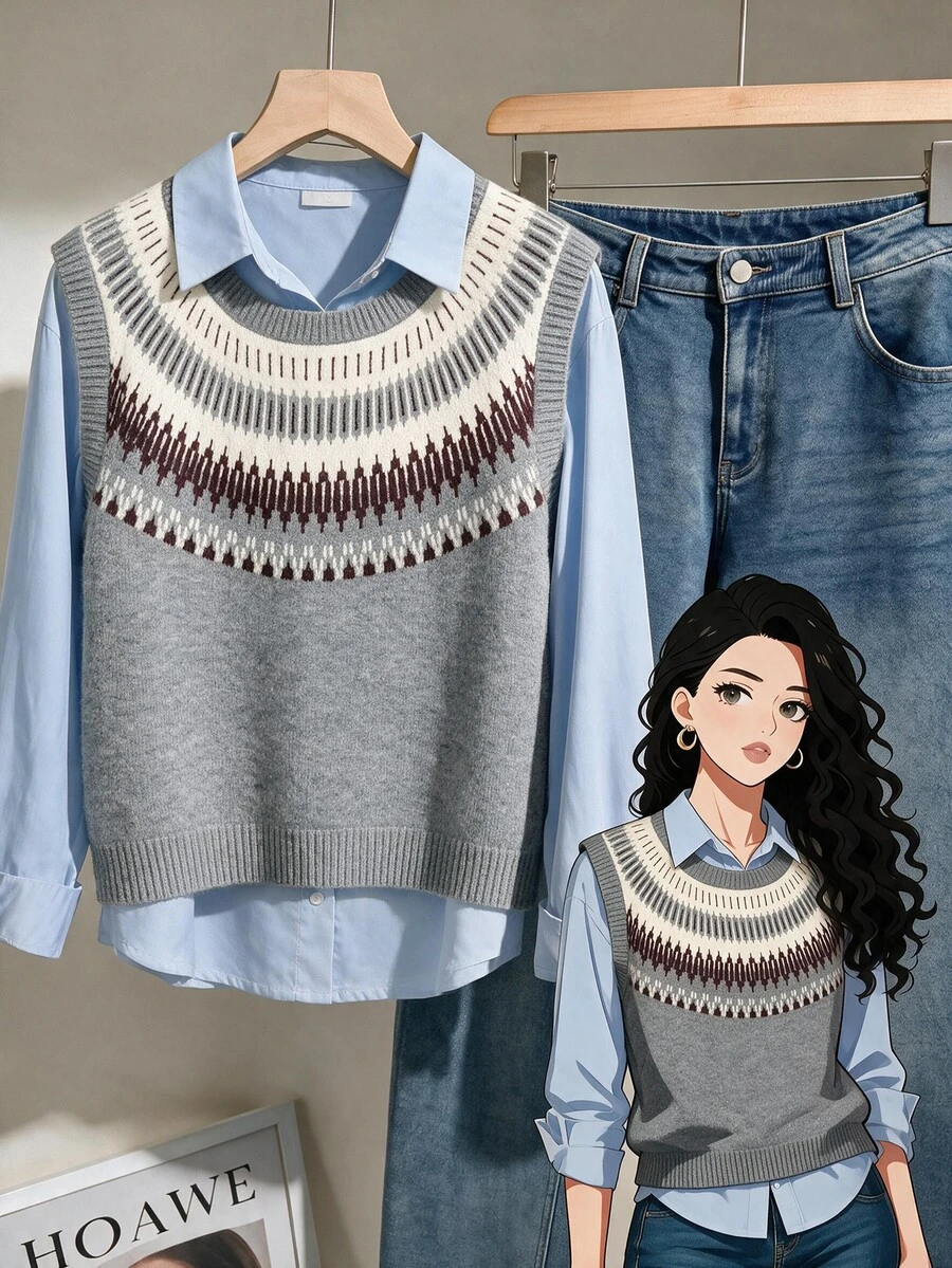 Modelyn Plus Size Women's Round Neck Colorblock Casual Daily Knit Top - Multicolor - View 1