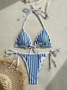 SHEIN Swim 女士休闲度假沙滩条纹挂脖比基尼两件套 - 彩色 - 查看 5