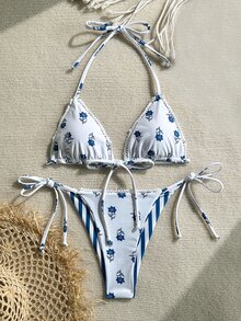 SHEIN Swim 女士休闲度假沙滩条纹挂脖比基尼两件套 - 彩色 - 查看 6
