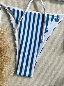 SHEIN Swim 女士休闲度假沙滩条纹挂脖比基尼两件套 - 彩色 - 查看 8