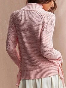 Willow Rêve Atasan Sweater Panjang Rajut Rib Warna Baby Pink untuk Wanita dengan Kerah Turtleneck, Lengan Panjang, dan Tali Pita di Samping, Gaya Musim Gugur yang Imut untuk Kencan Sehari-hari dan Malam Hari, Atasan yang Lucu - Baby Pink - View 7