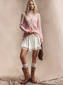 Willow Rêve Atasan Sweater Panjang Rajut Rib Warna Baby Pink untuk Wanita dengan Kerah Turtleneck, Lengan Panjang, dan Tali Pita di Samping, Gaya Musim Gugur yang Imut untuk Kencan Sehari-hari dan Malam Hari, Atasan yang Lucu - Baby Pink - View 4