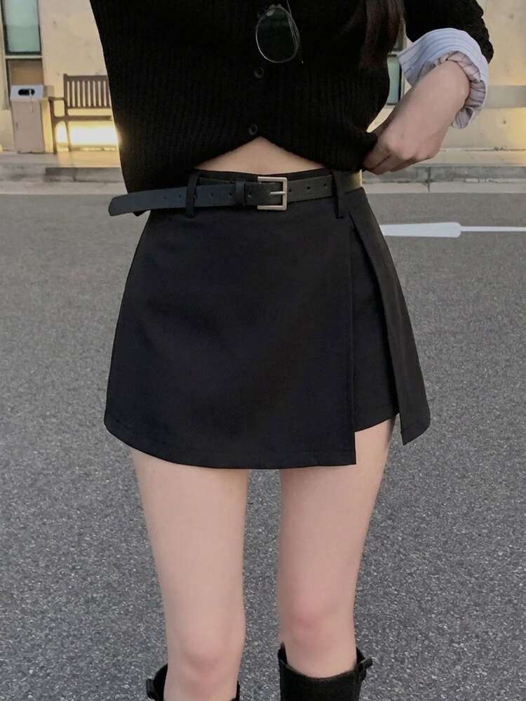DAZY Women's Casual Solid Color Asymmetric Hem Mini Skirt Shorts School - Black - View 9