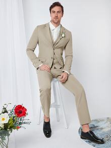 CalleClaro Men 1pc Lapel Neck Blazer & 1pc Single Breasted Waistcoat & 1pc Suit Pants - Apricot - View 2
