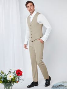CalleClaro Men 1pc Lapel Neck Blazer & 1pc Single Breasted Waistcoat & 1pc Suit Pants - Apricot - View 12