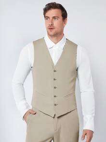 CalleClaro Men 1pc Lapel Neck Blazer & 1pc Single Breasted Waistcoat & 1pc Suit Pants - Apricot - View 11