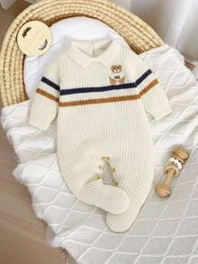 SHEIN 新生兒條紋泰迪熊刺繡拼接針織連身衣，翻領連腳連身衣，柔軟針織嬰兒連身套裝，春秋冬季嬰兒外穿，復古配色可愛百搭嬰幼兒連身褲 - 彩色 - 查看 3